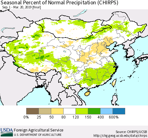 China and Taiwan Seasonal Percent of Normal Precipitation (CHIRPS) Thematic Map For 9/1/2018 - 3/20/2019