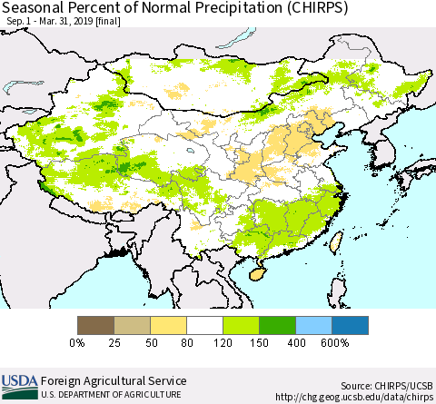 China, Mongolia and Taiwan Seasonal Percent of Normal Precipitation (CHIRPS) Thematic Map For 9/1/2018 - 3/31/2019
