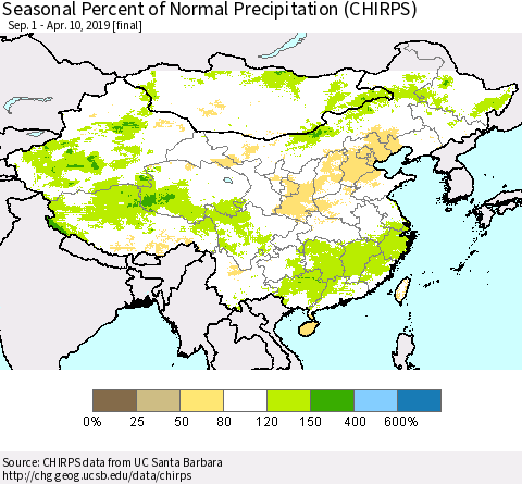 China, Mongolia and Taiwan Seasonal Percent of Normal Precipitation (CHIRPS) Thematic Map For 9/1/2018 - 4/10/2019