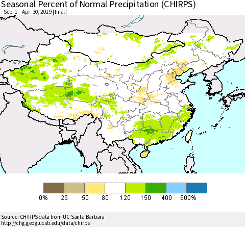 China, Mongolia and Taiwan Seasonal Percent of Normal Precipitation (CHIRPS) Thematic Map For 9/1/2018 - 4/30/2019