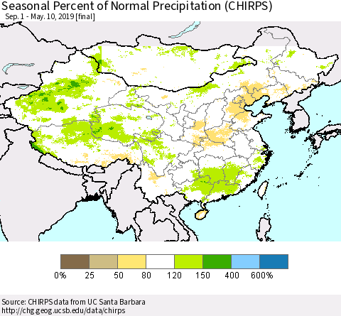 China and Taiwan Seasonal Percent of Normal Precipitation (CHIRPS) Thematic Map For 9/1/2018 - 5/10/2019