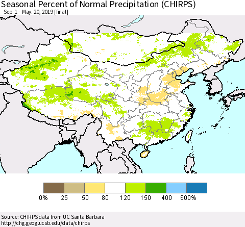 China, Mongolia and Taiwan Seasonal Percent of Normal Precipitation (CHIRPS) Thematic Map For 9/1/2018 - 5/20/2019