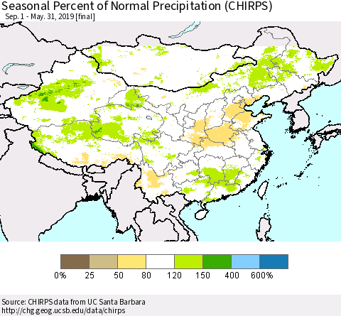 China and Taiwan Seasonal Percent of Normal Precipitation (CHIRPS) Thematic Map For 9/1/2018 - 5/31/2019