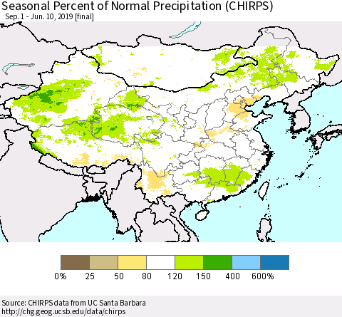 China and Taiwan Seasonal Percent of Normal Precipitation (CHIRPS) Thematic Map For 9/1/2018 - 6/10/2019