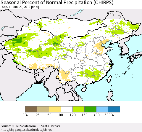 China, Mongolia and Taiwan Seasonal Percent of Normal Precipitation (CHIRPS) Thematic Map For 9/1/2018 - 6/20/2019