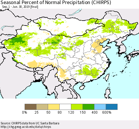 China and Taiwan Seasonal Percent of Normal Precipitation (CHIRPS) Thematic Map For 9/1/2018 - 6/30/2019