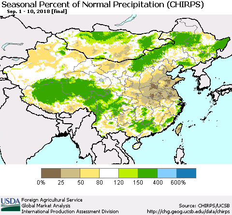 China and Taiwan Seasonal Percent of Normal Precipitation (CHIRPS) Thematic Map For 9/1/2018 - 9/10/2018
