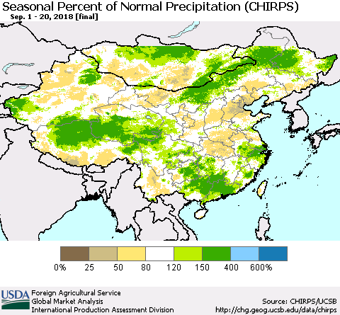 China and Taiwan Seasonal Percent of Normal Precipitation (CHIRPS) Thematic Map For 9/1/2018 - 9/20/2018