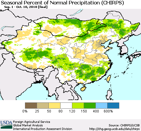 China, Mongolia and Taiwan Seasonal Percent of Normal Precipitation (CHIRPS) Thematic Map For 9/1/2018 - 10/10/2018
