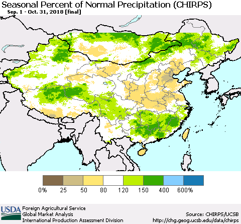China, Mongolia and Taiwan Seasonal Percent of Normal Precipitation (CHIRPS) Thematic Map For 9/1/2018 - 10/31/2018