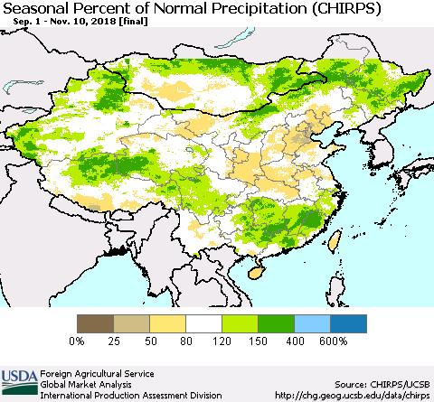 China and Taiwan Seasonal Percent of Normal Precipitation (CHIRPS) Thematic Map For 9/1/2018 - 11/10/2018