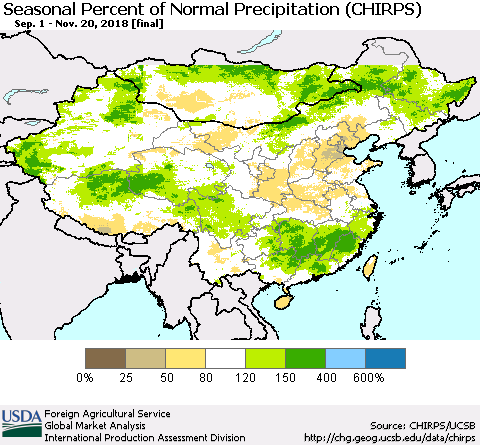 China and Taiwan Seasonal Percent of Normal Precipitation (CHIRPS) Thematic Map For 9/1/2018 - 11/20/2018