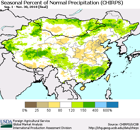 China, Mongolia and Taiwan Seasonal Percent of Normal Precipitation (CHIRPS) Thematic Map For 9/1/2018 - 11/30/2018