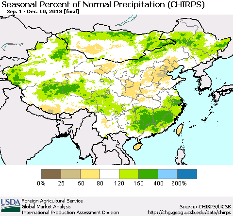 China, Mongolia and Taiwan Seasonal Percent of Normal Precipitation (CHIRPS) Thematic Map For 9/1/2018 - 12/10/2018
