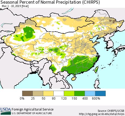 China, Mongolia and Taiwan Seasonal Percent of Normal Precipitation (CHIRPS) Thematic Map For 3/1/2019 - 3/10/2019