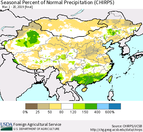 China, Mongolia and Taiwan Seasonal Percent of Normal Precipitation (CHIRPS) Thematic Map For 3/1/2019 - 3/20/2019