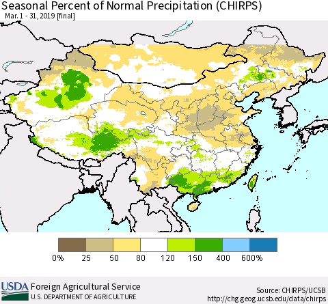China, Mongolia and Taiwan Seasonal Percent of Normal Precipitation (CHIRPS) Thematic Map For 3/1/2019 - 3/31/2019