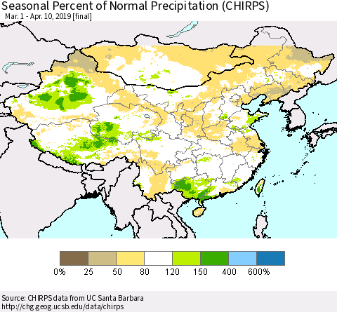 China, Mongolia and Taiwan Seasonal Percent of Normal Precipitation (CHIRPS) Thematic Map For 3/1/2019 - 4/10/2019
