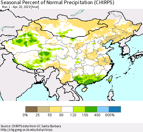 China, Mongolia and Taiwan Seasonal Percent of Normal Precipitation (CHIRPS) Thematic Map For 3/1/2019 - 4/20/2019