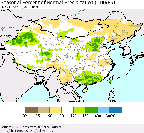 China, Mongolia and Taiwan Seasonal Percent of Normal Precipitation (CHIRPS) Thematic Map For 3/1/2019 - 4/30/2019