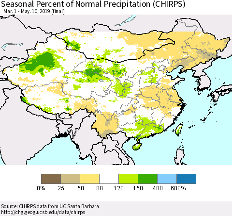 China, Mongolia and Taiwan Seasonal Percent of Normal Precipitation (CHIRPS) Thematic Map For 3/1/2019 - 5/10/2019