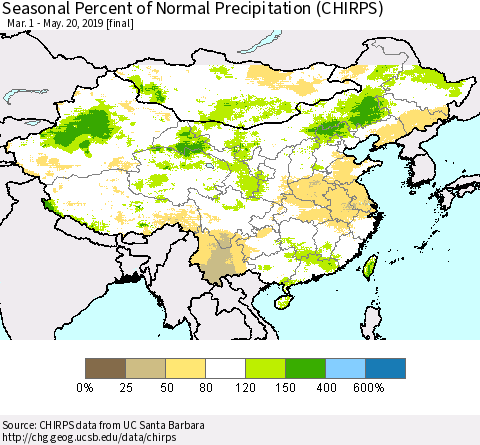 China, Mongolia and Taiwan Seasonal Percent of Normal Precipitation (CHIRPS) Thematic Map For 3/1/2019 - 5/20/2019