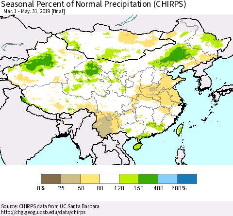 China, Mongolia and Taiwan Seasonal Percent of Normal Precipitation (CHIRPS) Thematic Map For 3/1/2019 - 5/31/2019