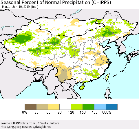 China, Mongolia and Taiwan Seasonal Percent of Normal Precipitation (CHIRPS) Thematic Map For 3/1/2019 - 6/10/2019