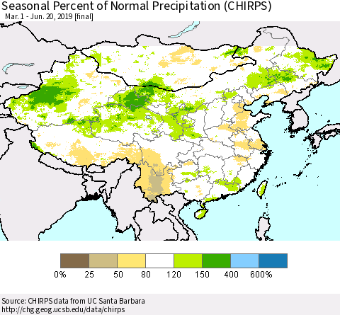 China, Mongolia and Taiwan Seasonal Percent of Normal Precipitation (CHIRPS) Thematic Map For 3/1/2019 - 6/20/2019
