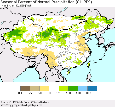 China, Mongolia and Taiwan Seasonal Percent of Normal Precipitation (CHIRPS) Thematic Map For 3/1/2019 - 6/30/2019