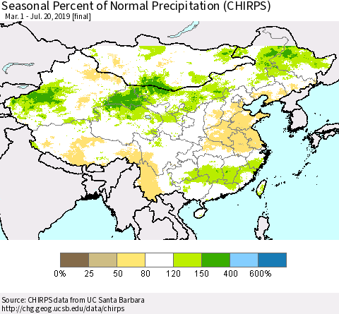China, Mongolia and Taiwan Seasonal Percent of Normal Precipitation (CHIRPS) Thematic Map For 3/1/2019 - 7/20/2019