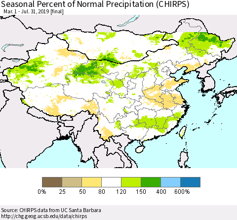 China, Mongolia and Taiwan Seasonal Percent of Normal Precipitation (CHIRPS) Thematic Map For 3/1/2019 - 7/31/2019