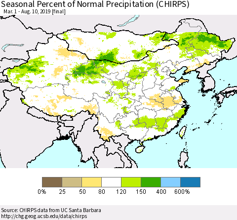 China, Mongolia and Taiwan Seasonal Percent of Normal Precipitation (CHIRPS) Thematic Map For 3/1/2019 - 8/10/2019
