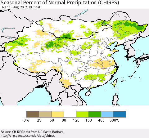 China, Mongolia and Taiwan Seasonal Percent of Normal Precipitation (CHIRPS) Thematic Map For 3/1/2019 - 8/20/2019