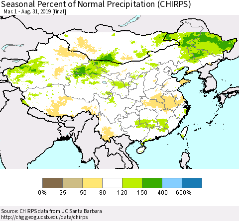 China, Mongolia and Taiwan Seasonal Percent of Normal Precipitation (CHIRPS) Thematic Map For 3/1/2019 - 8/31/2019
