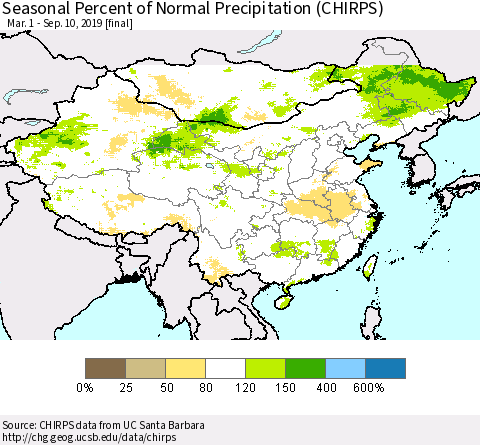China, Mongolia and Taiwan Seasonal Percent of Normal Precipitation (CHIRPS) Thematic Map For 3/1/2019 - 9/10/2019
