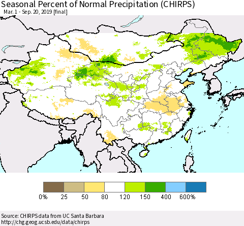 China, Mongolia and Taiwan Seasonal Percent of Normal Precipitation (CHIRPS) Thematic Map For 3/1/2019 - 9/20/2019