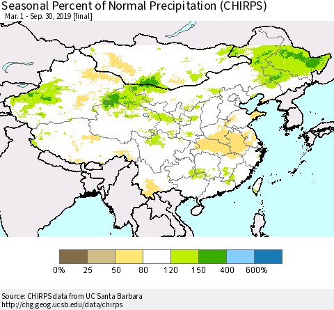 China, Mongolia and Taiwan Seasonal Percent of Normal Precipitation (CHIRPS) Thematic Map For 3/1/2019 - 9/30/2019
