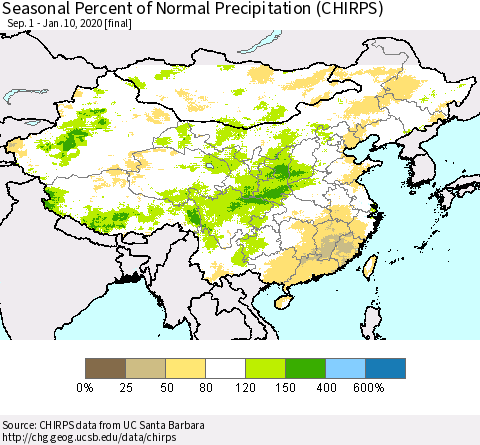China and Taiwan Seasonal Percent of Normal Precipitation (CHIRPS) Thematic Map For 9/1/2019 - 1/10/2020