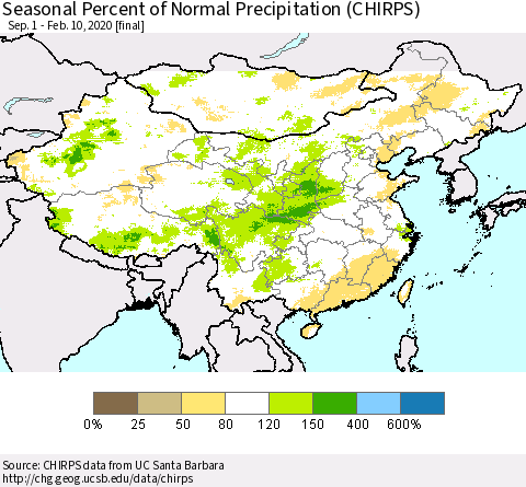 China and Taiwan Seasonal Percent of Normal Precipitation (CHIRPS) Thematic Map For 9/1/2019 - 2/10/2020