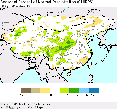 China, Mongolia and Taiwan Seasonal Percent of Normal Precipitation (CHIRPS) Thematic Map For 9/1/2019 - 2/20/2020