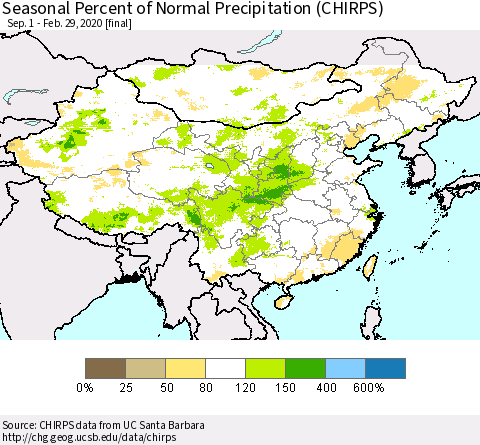 China, Mongolia and Taiwan Seasonal Percent of Normal Precipitation (CHIRPS) Thematic Map For 9/1/2019 - 2/29/2020