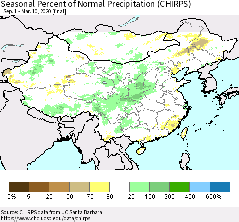 China and Taiwan Seasonal Percent of Normal Precipitation (CHIRPS) Thematic Map For 9/1/2019 - 3/10/2020