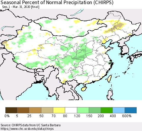China and Taiwan Seasonal Percent of Normal Precipitation (CHIRPS) Thematic Map For 9/1/2019 - 3/31/2020