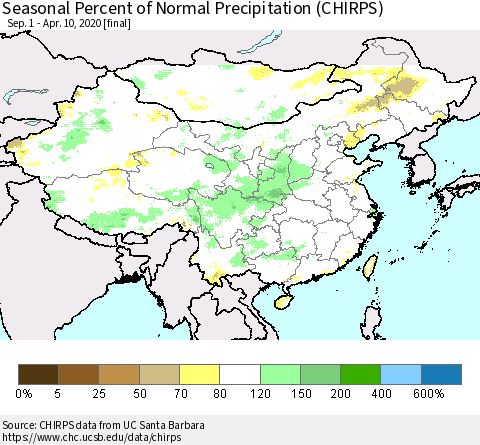 China and Taiwan Seasonal Percent of Normal Precipitation (CHIRPS) Thematic Map For 9/1/2019 - 4/10/2020