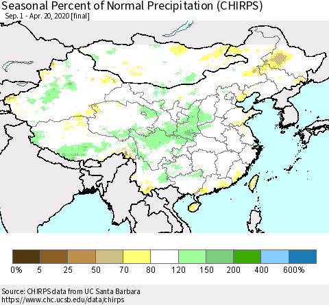 China, Mongolia and Taiwan Seasonal Percent of Normal Precipitation (CHIRPS) Thematic Map For 9/1/2019 - 4/20/2020