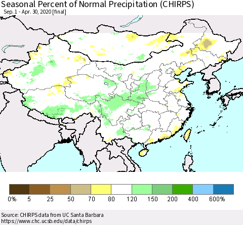 China and Taiwan Seasonal Percent of Normal Precipitation (CHIRPS) Thematic Map For 9/1/2019 - 4/30/2020