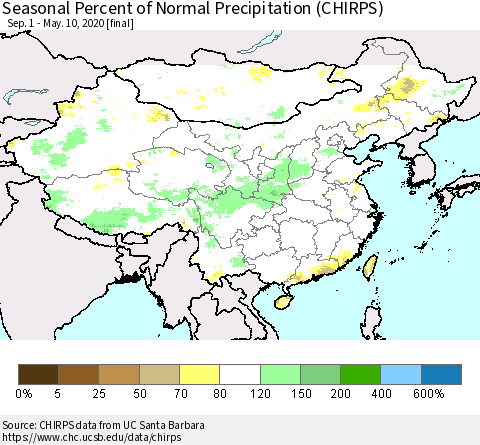 China and Taiwan Seasonal Percent of Normal Precipitation (CHIRPS) Thematic Map For 9/1/2019 - 5/10/2020