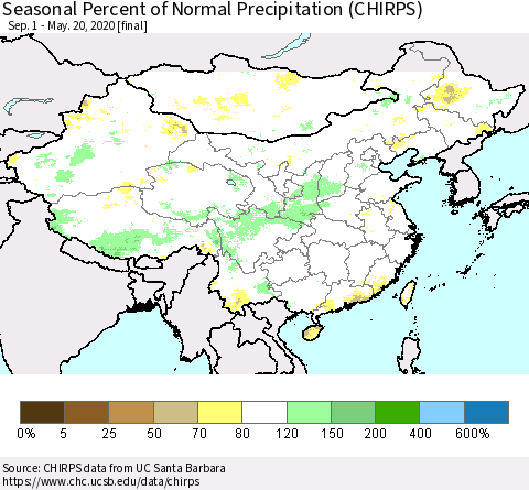 China and Taiwan Seasonal Percent of Normal Precipitation (CHIRPS) Thematic Map For 9/1/2019 - 5/20/2020