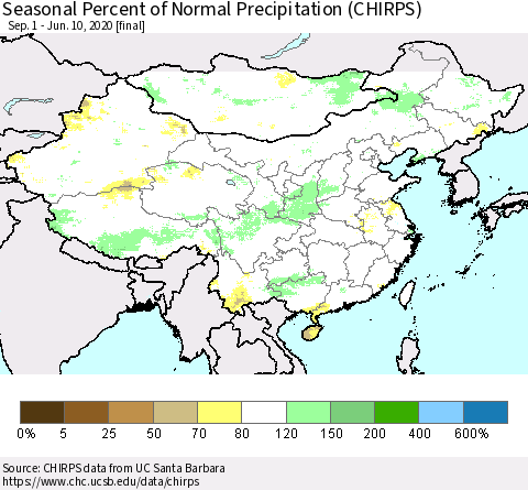 China, Mongolia and Taiwan Seasonal Percent of Normal Precipitation (CHIRPS) Thematic Map For 9/1/2019 - 6/10/2020